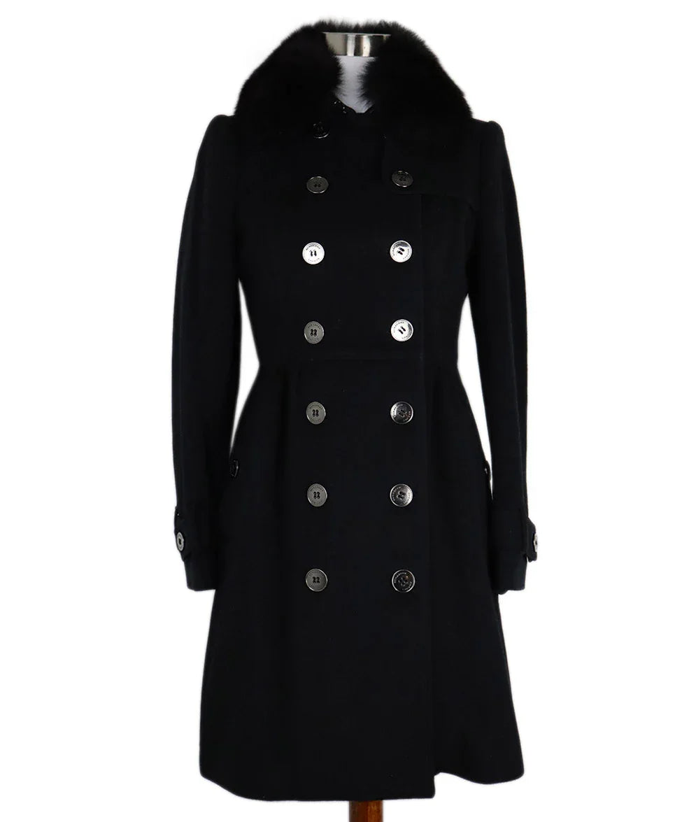Burberry Black Cashmere Wool Coat w/ Fox Collar sz l Michael's