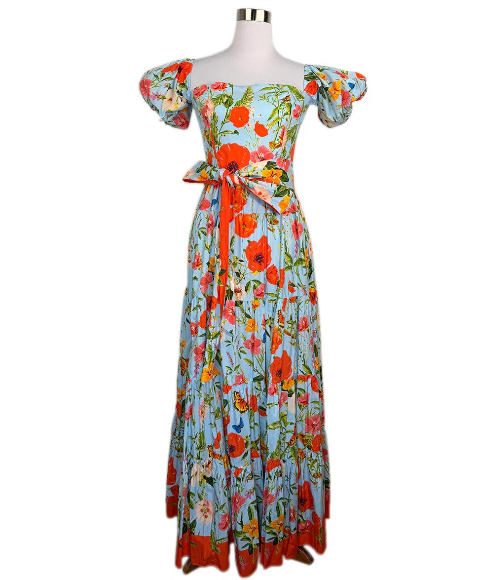 Cara Cara Size 6 Blue Dress w/ Orange Pink Floral Print sz6 Cara Cara Size 6 Blue Dress w/ Orange Pink Floral Print sz6