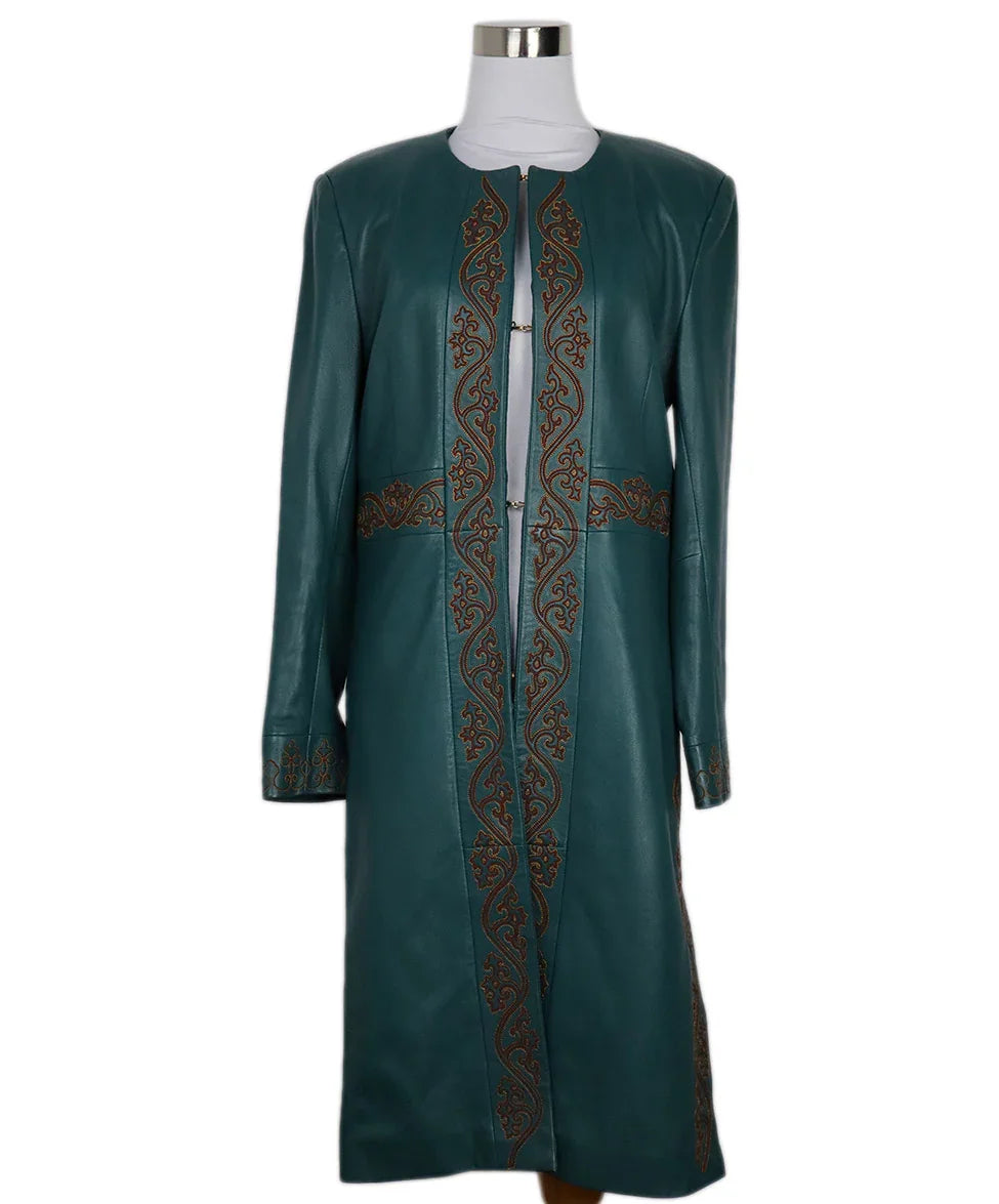 Catherine Malandrino Teal Embroidered Leather Coat sz 4 Catherine Malandrino Teal Embroidered Leather Coat sz 4