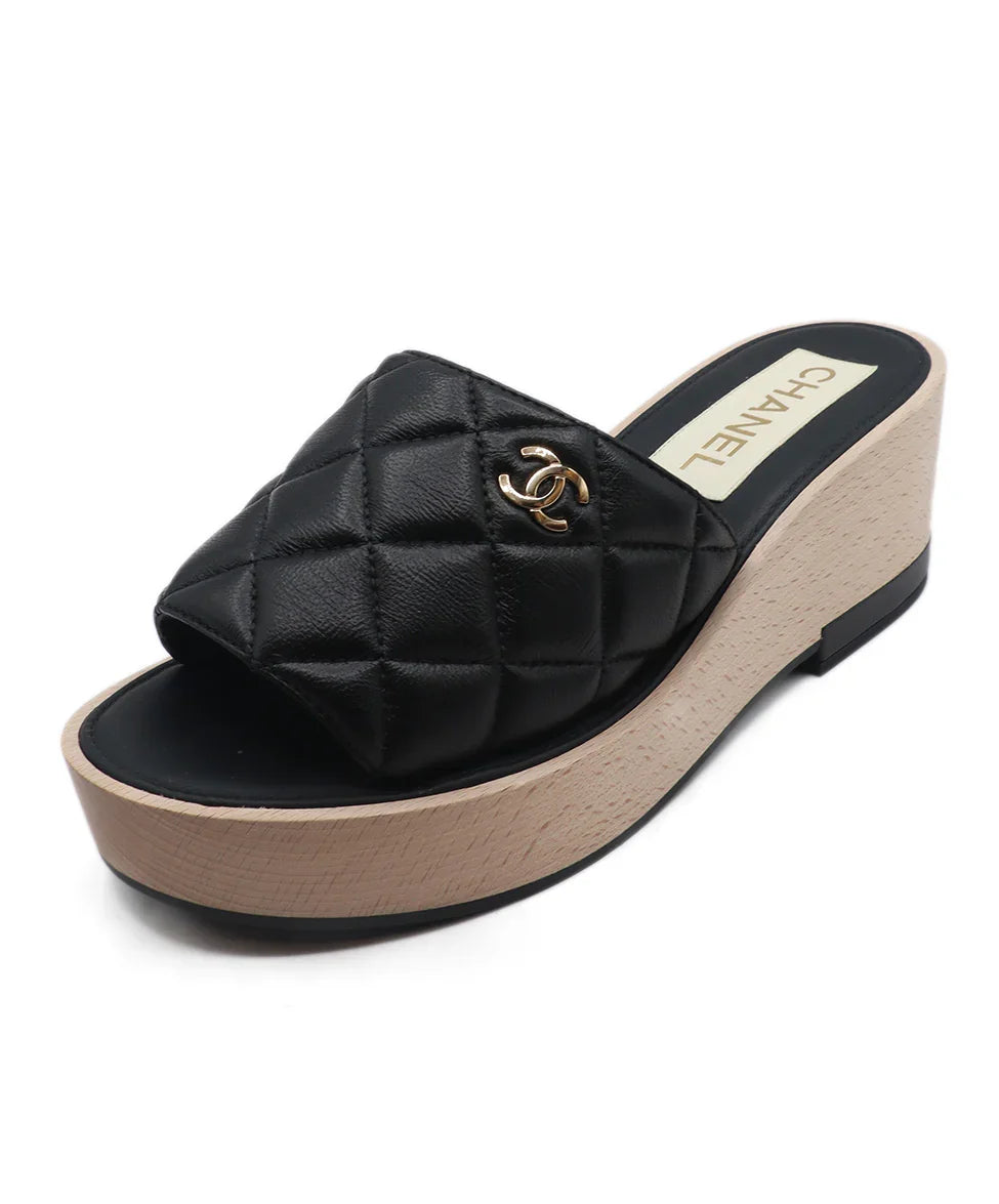 Chanel Black Quilted Leather Wood Platform Sandal Sz. 9 l