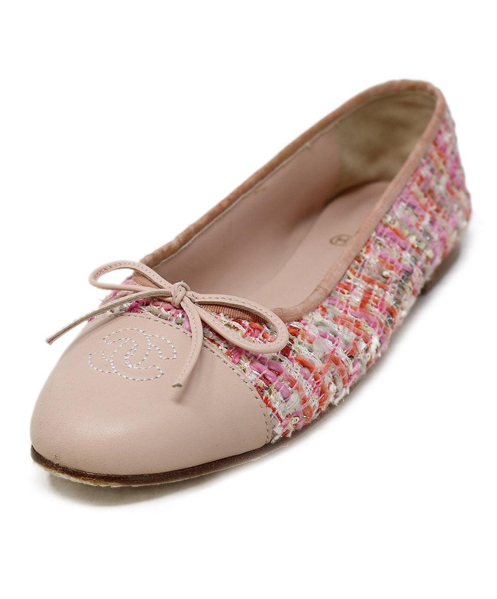 Chanel Pink Tweed Leather Trim Ballet Flats sz l Michael's