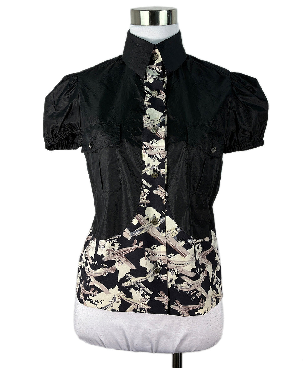 CHANEL Black Silk Top w/ Airplane Print details Sz38 l Michael's