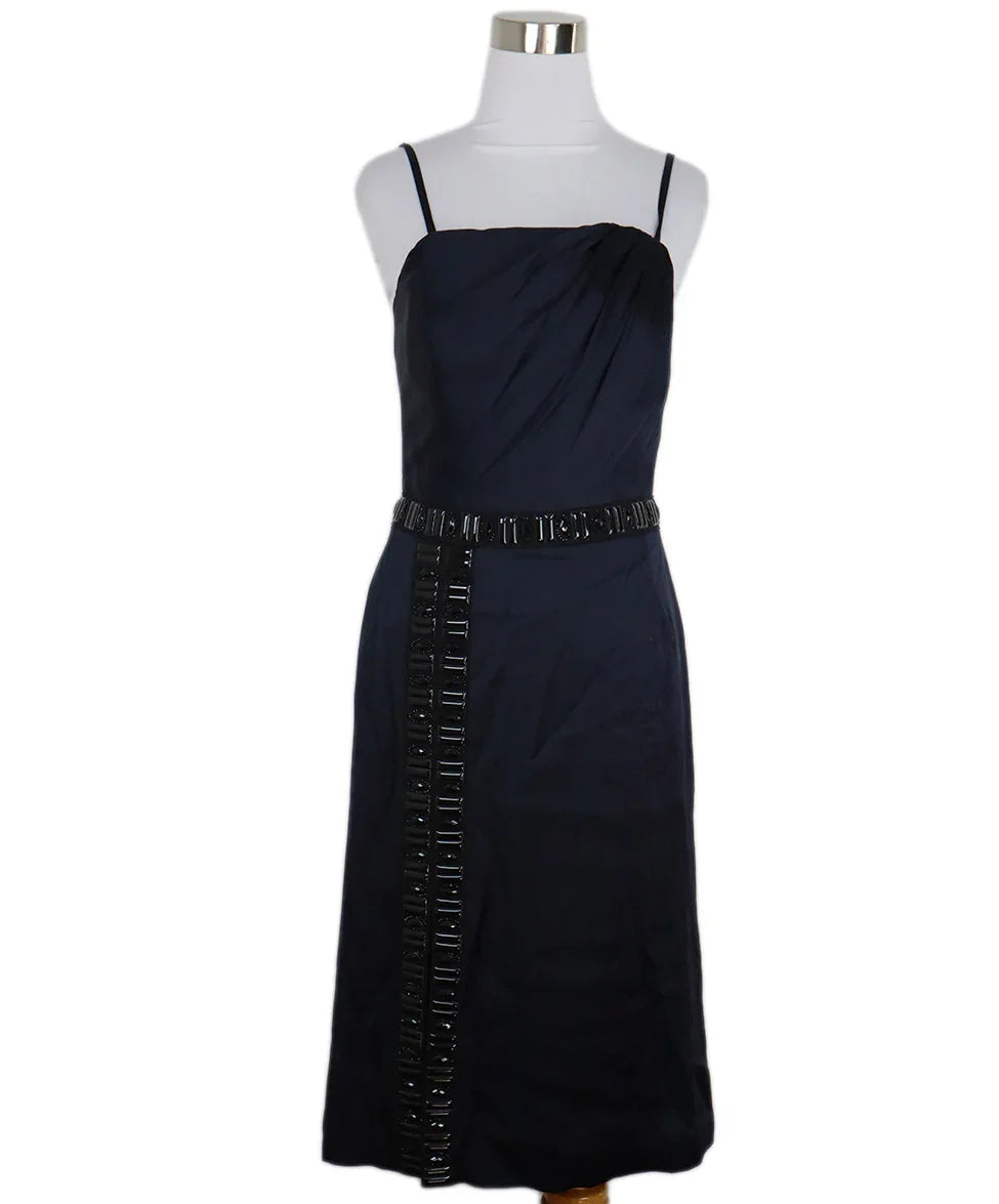 Giorgio Armani Navy Silk Dress w/ Black Embellishments sz 2 l Michael's Luxury Consignment Michael's Consignment NYC Giorgio Armani Navy Silk Dress w/ Black Embellishments sz 2 l Michael's Luxury Consignment Michael's Consignment NYC