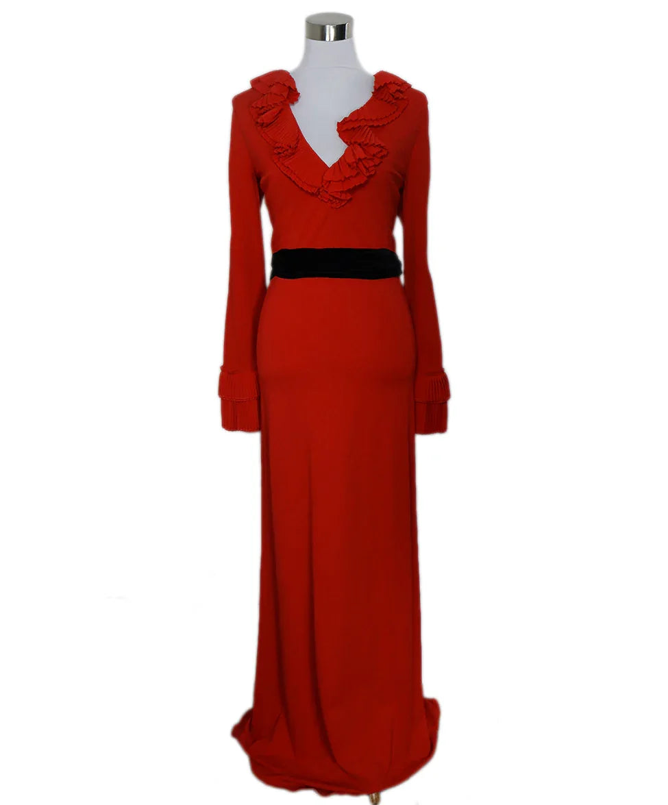 Red / 4 Gucci Long Red Viscose Dress with Ruffle and Black Velvet Belt sz 4 Red / 4 Gucci Long Red Viscose Dress with Ruffle and Black Velvet Belt sz 4