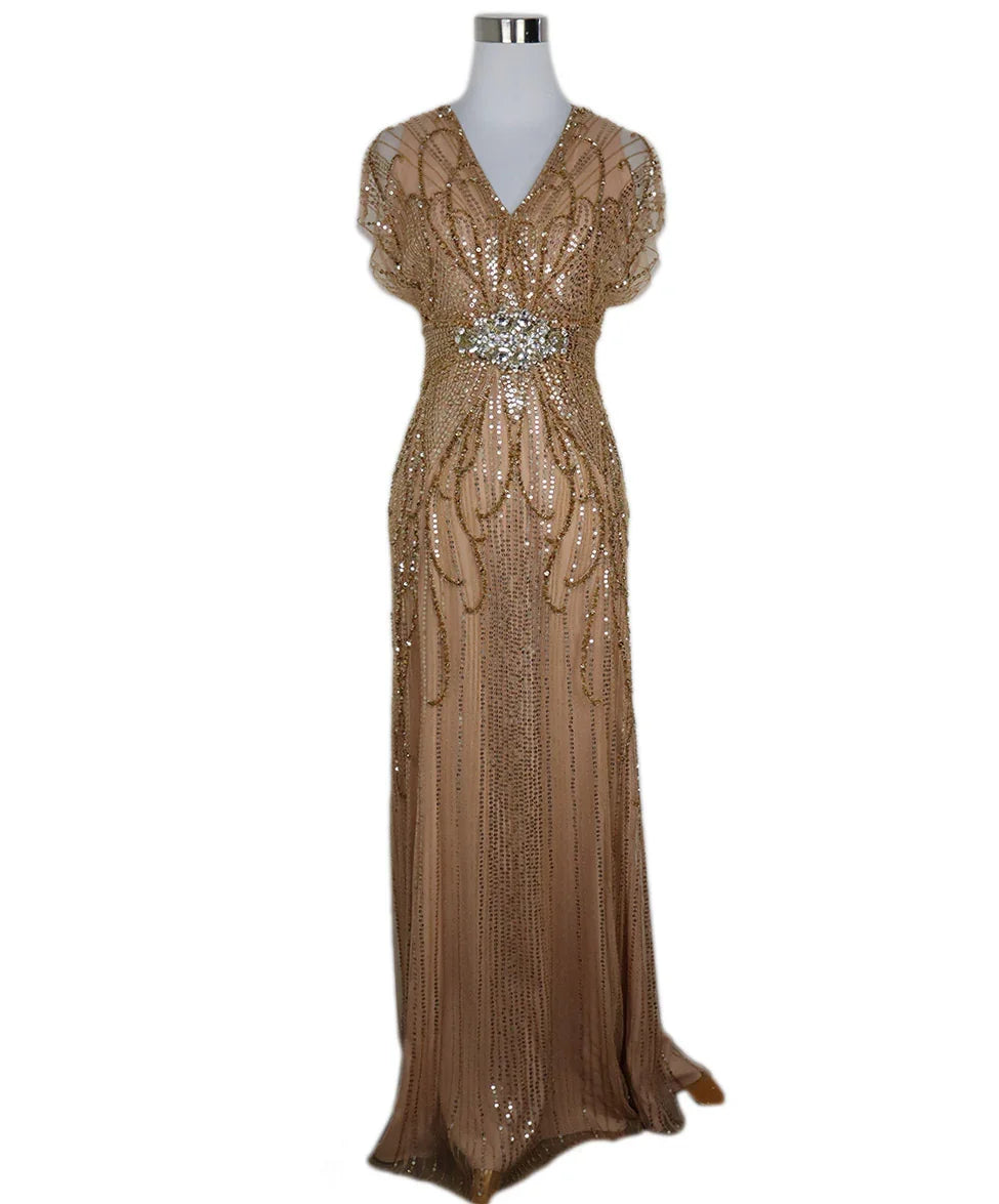 Jenny Packham Nude & Gold Sequin Beaded Gown sz 4 l Michael's Luxury Consignment Michael's Consignment NYC Jenny Packham Nude & Gold Sequin Beaded Gown sz 4 l Michael's Luxury Consignment Michael's Consignment NYC