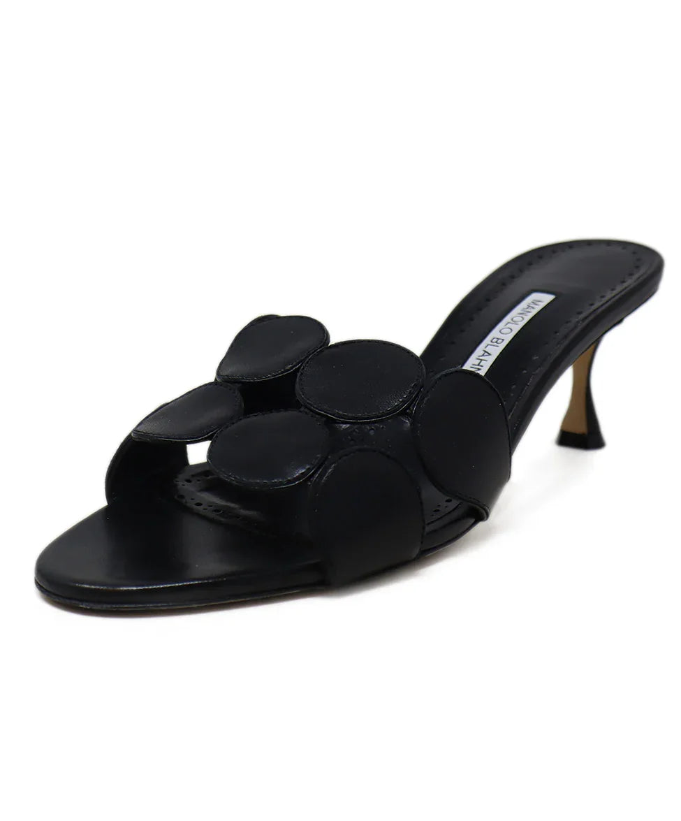 Manolo Blahnik Black Leather Circle Design Sandal sz 10 l