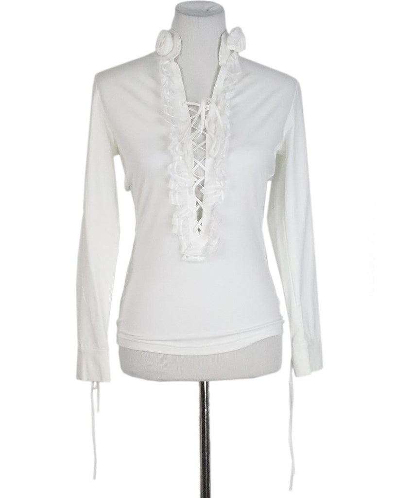 Anne Fontaine White Ruffle Lace Up Blouse 
