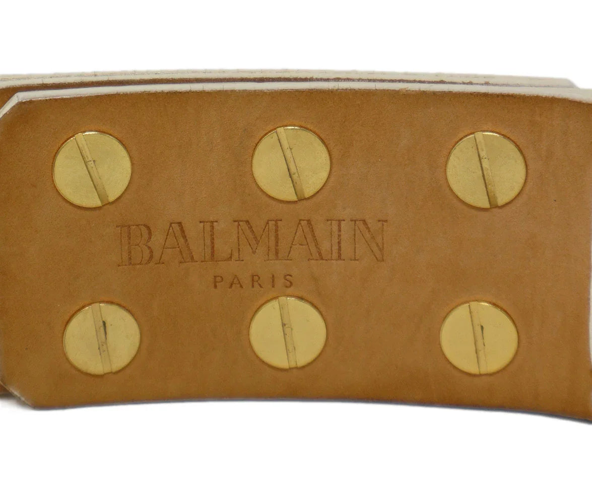 Balmain White Leather & Gold Metal Belt l Michael's Luxury