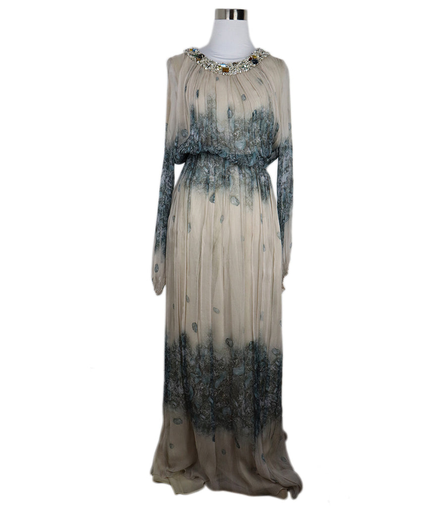 Beccaria Silk Floral Print Beaded Evening Dress 