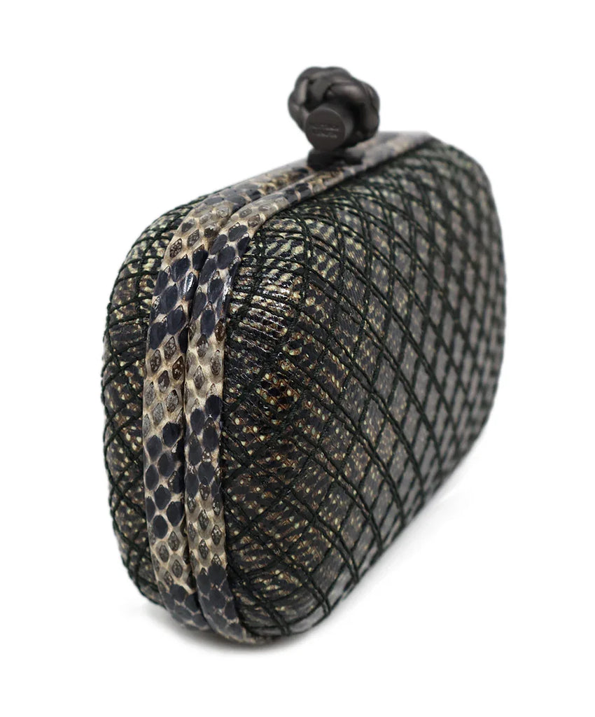 Bottega Veneta Black & Taupe Snakeskin Knot Clutch - Michael's Consignment NYC