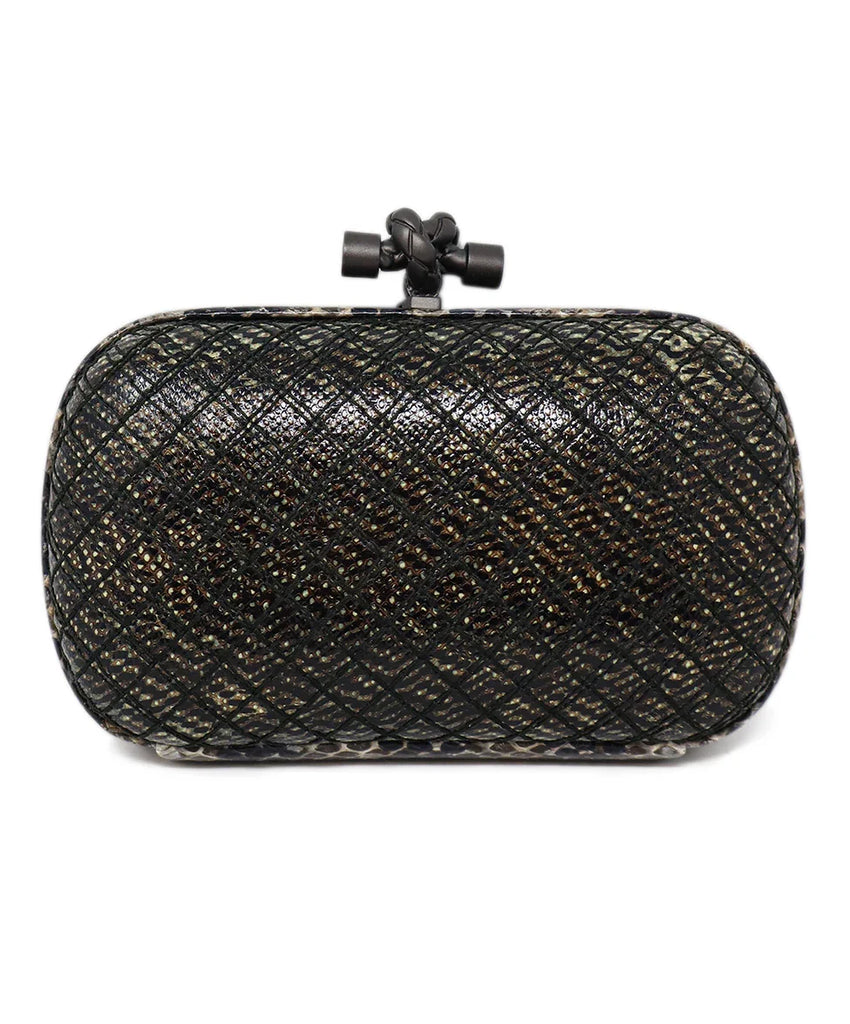 Bottega Veneta Black & Taupe Snakeskin Knot Clutch - Michael's Consignment NYC