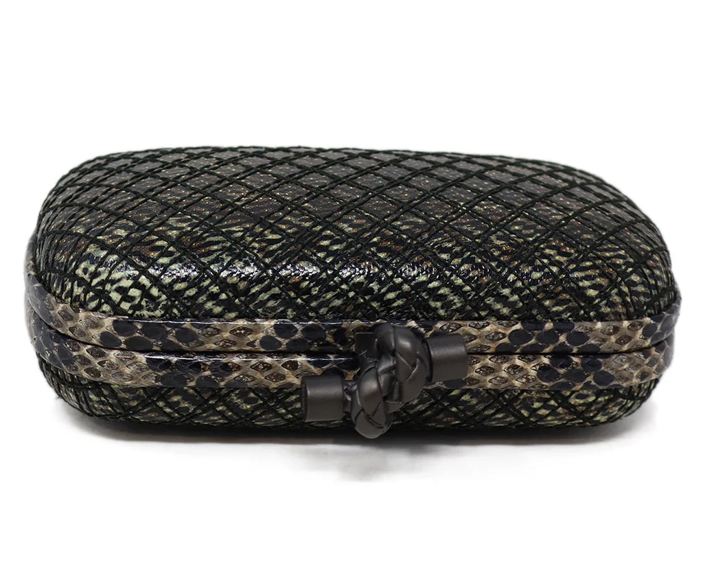 Bottega Veneta Black & Taupe Snakeskin Knot Clutch - Michael's Consignment NYC