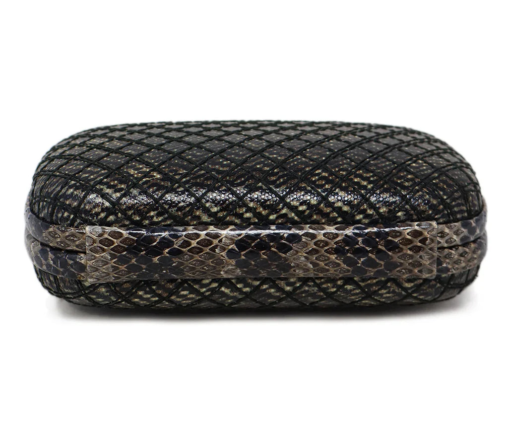 Bottega Veneta Black & Taupe Snakeskin Knot Clutch - Michael's Consignment NYC