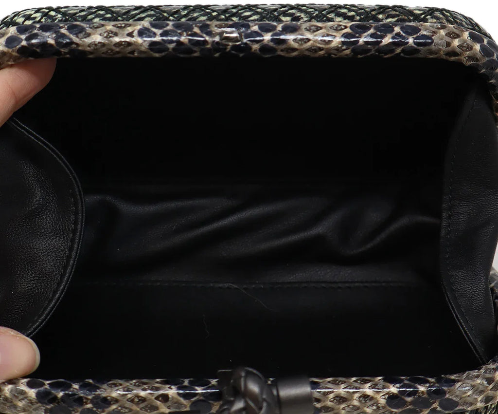 Bottega Veneta Black & Taupe Snakeskin Knot Clutch - Michael's Consignment NYC