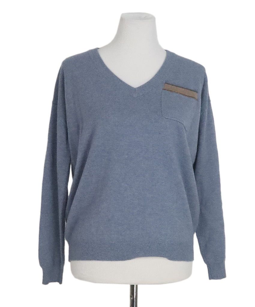 Brunello Cucinelli Blue Cashmere V-Neck Sweater 