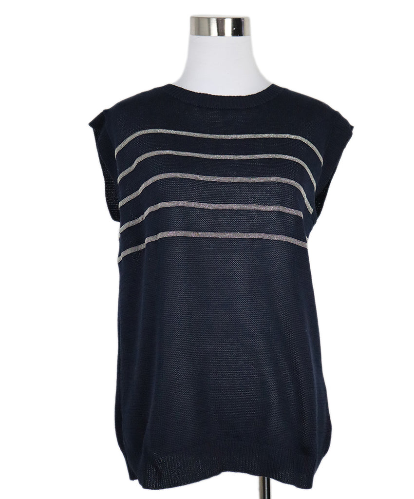 Brunello Cucinelli Navy Linen Beaded Stripes Vest 