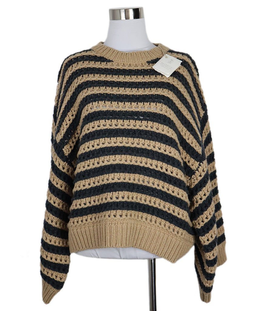 Brunello Cucinelli Tan & Grey Cashmere Knit Sweater 