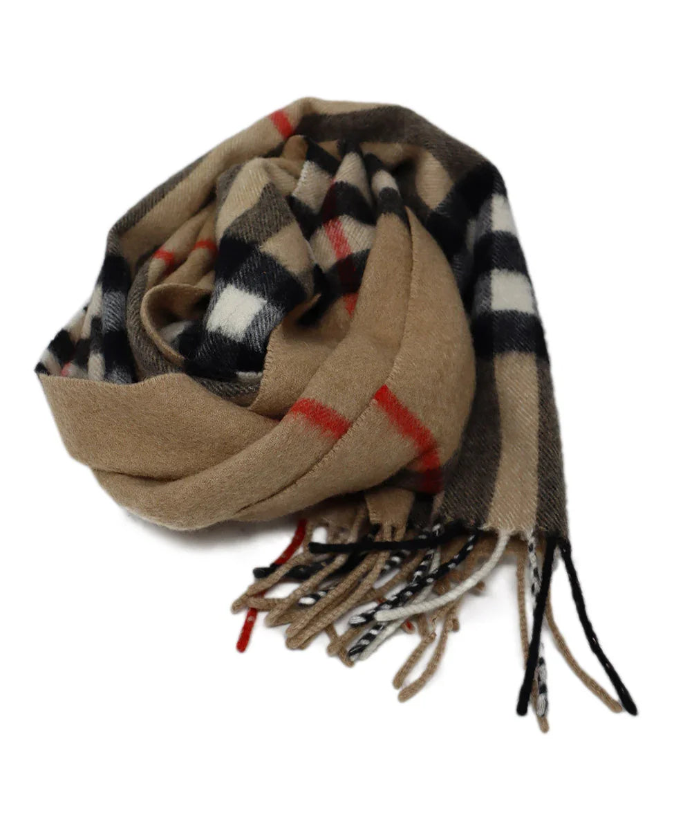 Burberry Tan Black Red Plaid Cashmere Scarf l Michael's Luxury