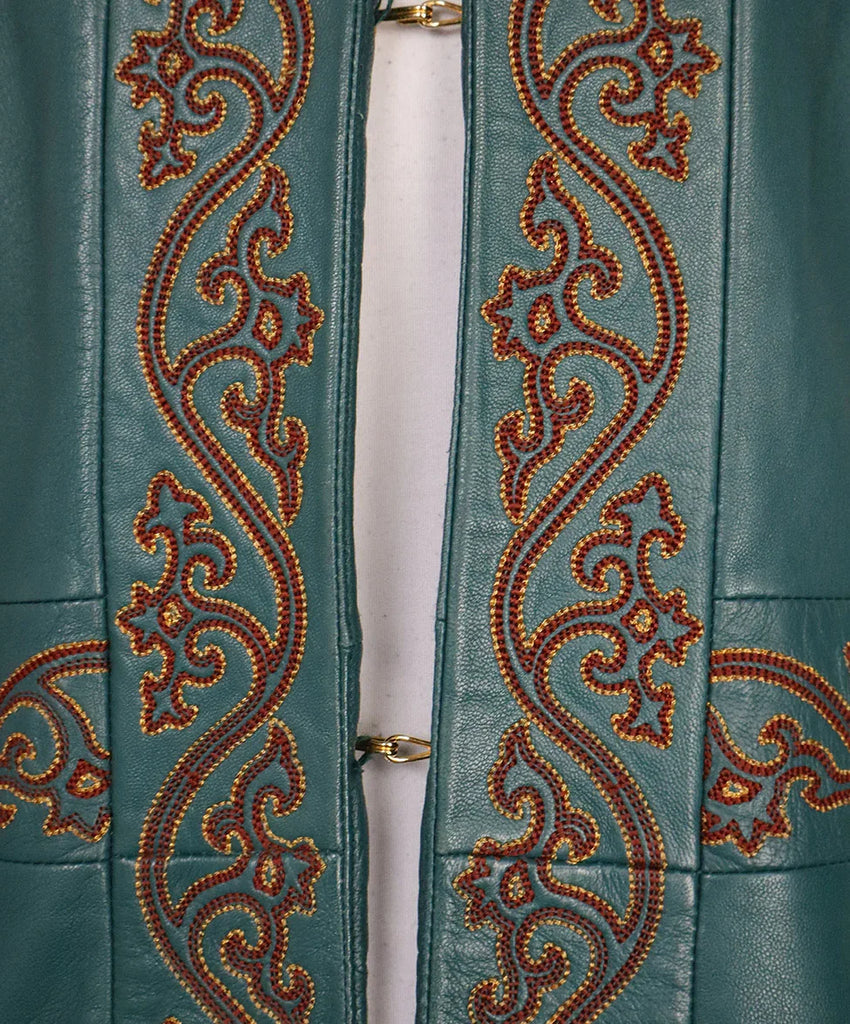 Catherine Malandrino Teal Embroidered Leather Coat sz 4 - Michael's Consignment NYC