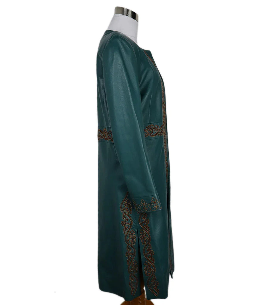 Catherine Malandrino Teal Embroidered Leather Coat sz 4 - Michael's Consignment NYC