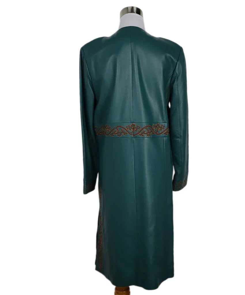 Catherine Malandrino Teal Embroidered Leather Coat sz 4 - Michael's Consignment NYC