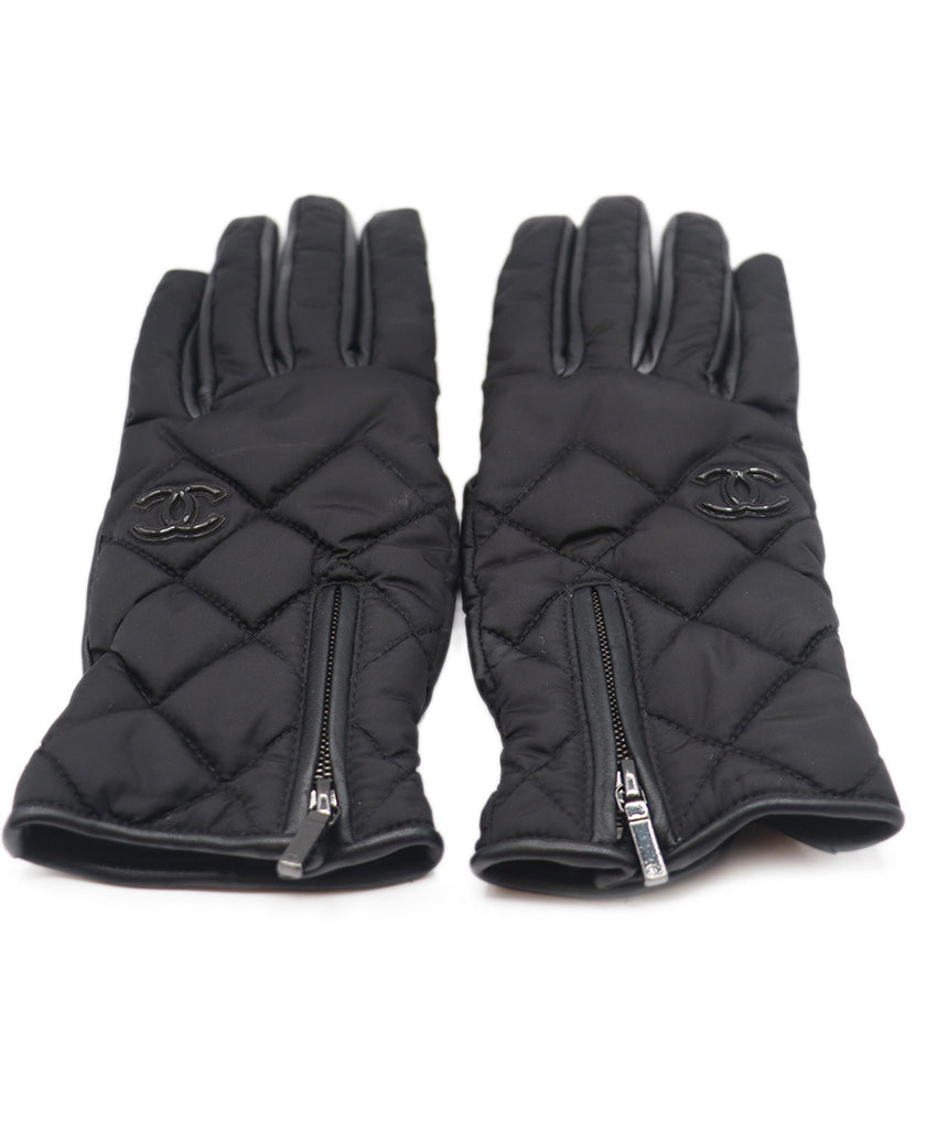 Chanel Black Nylon & Leather Gloves 