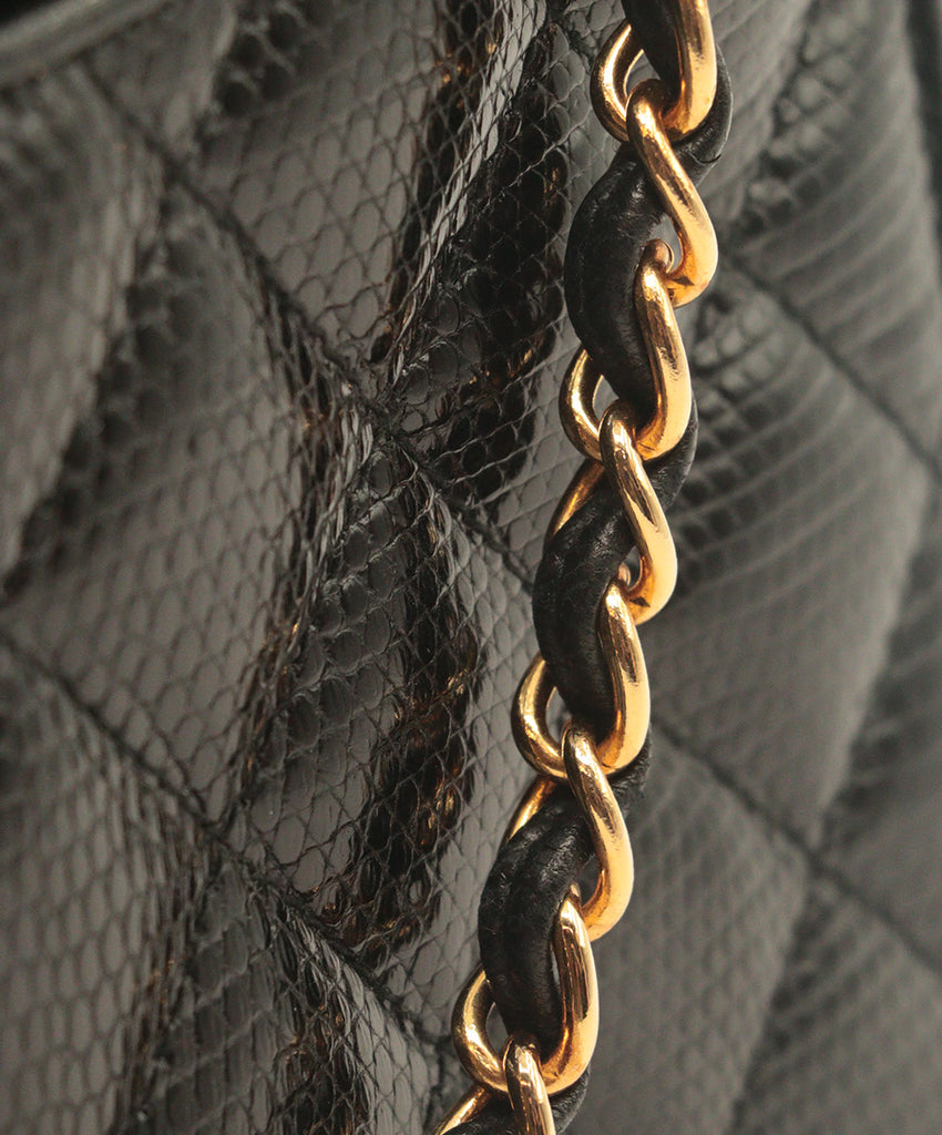 Chanel Black Lizard Skin With Gold Hardware Vintage Handbag 11