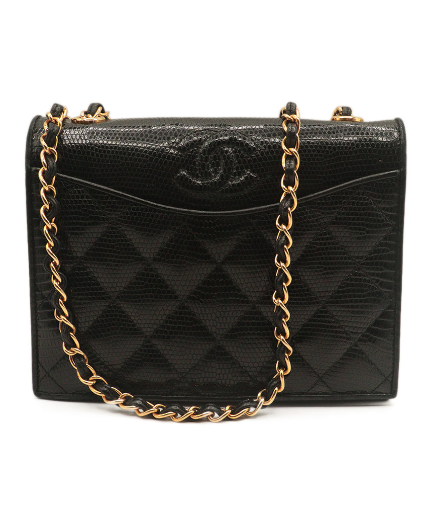 Chanel Black Lizard Skin With Gold Hardware Vintage Handbag 