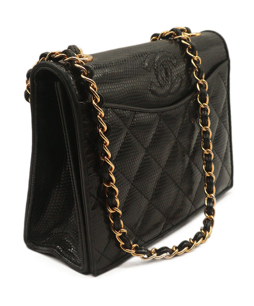 Chanel Black Lizard Skin With Gold Hardware Vintage Handbag 1