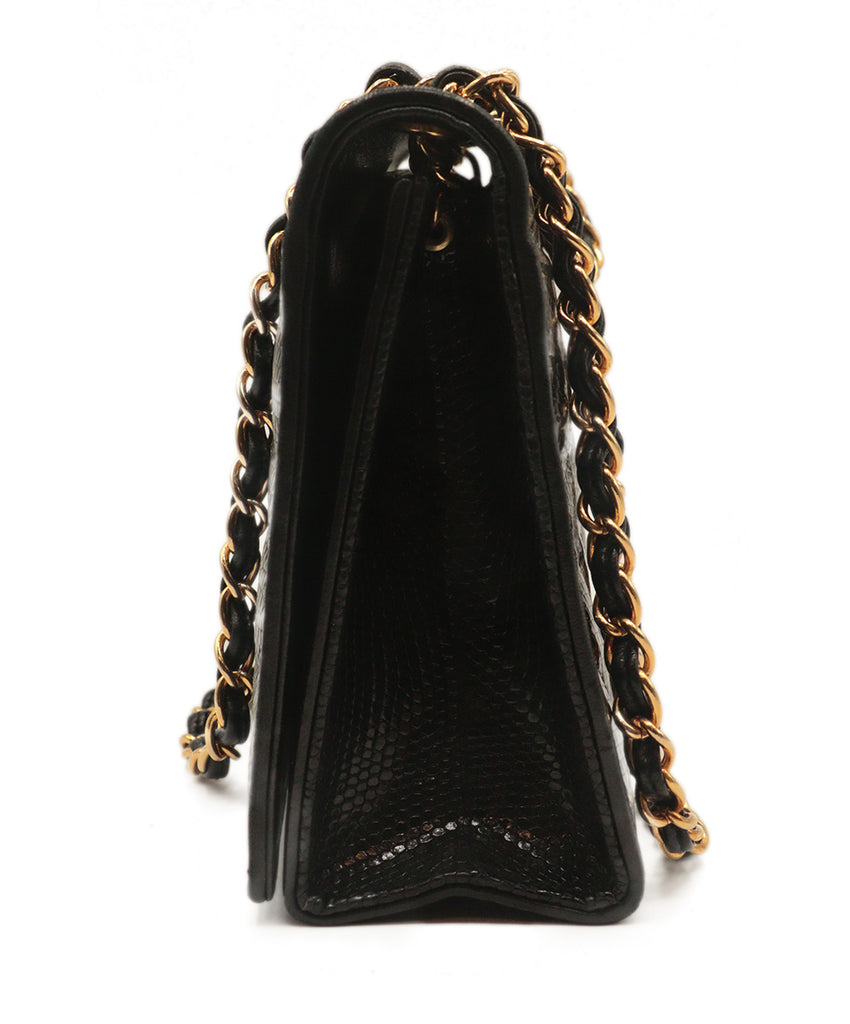 Chanel Black Lizard Skin With Gold Hardware Vintage Handbag 3