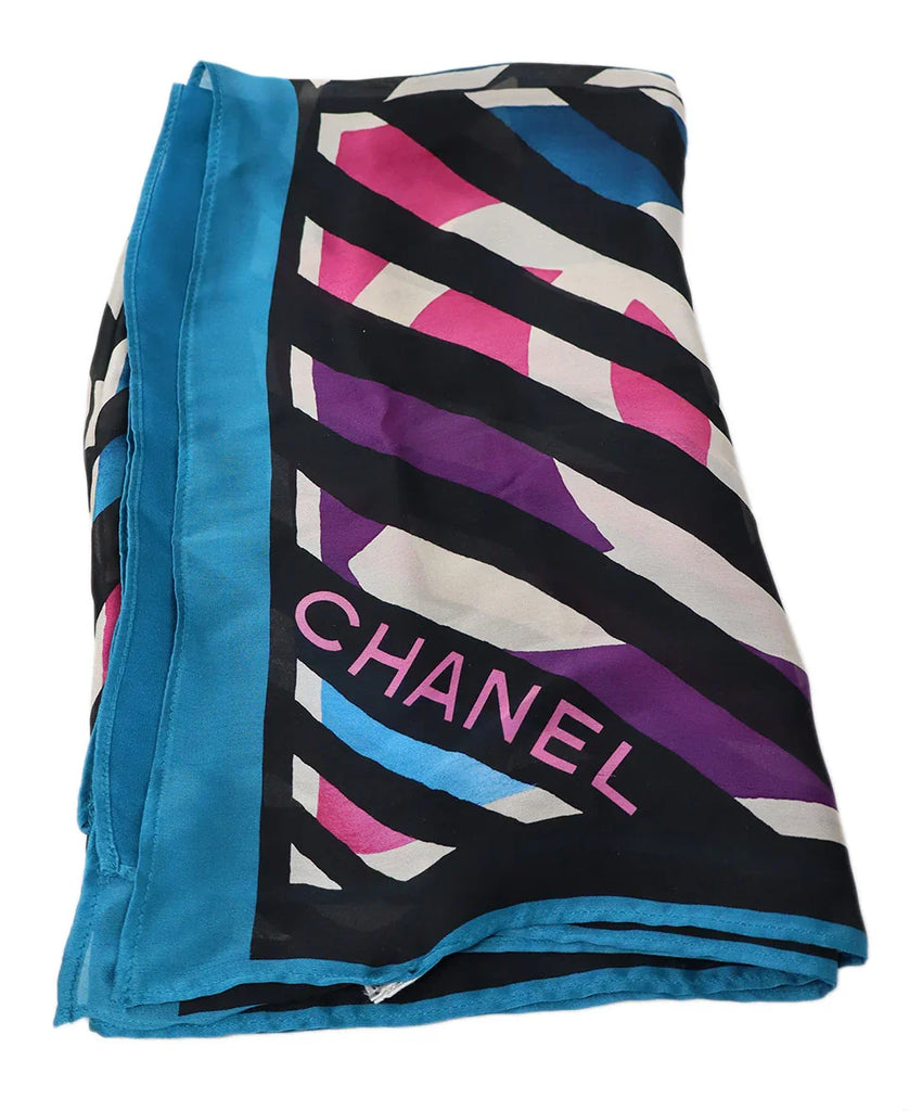 Chanel Black Pink & Teal Print Silk Scarf - Michael's Consignment NYC
