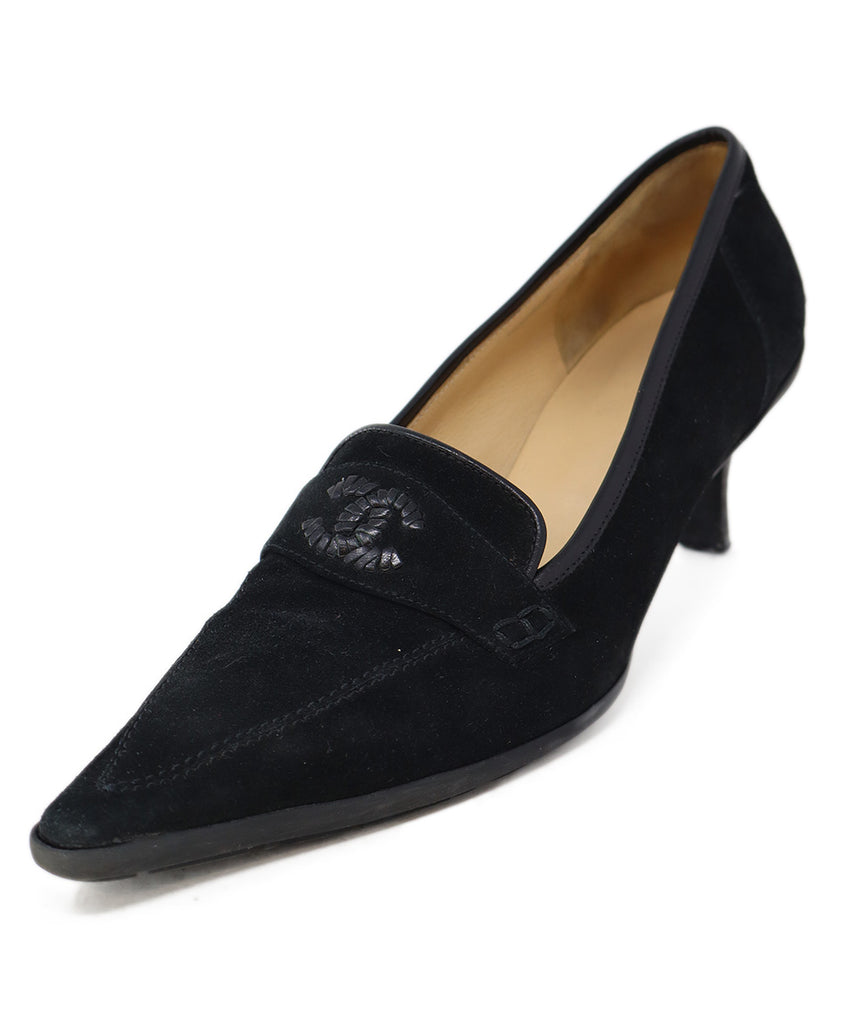 Chanel Black Suede Logo Stitching Heels 