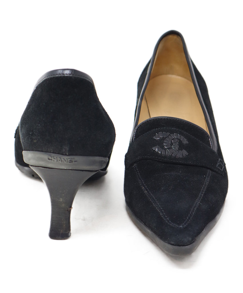 Chanel Black Suede Logo Stitching Heels 2