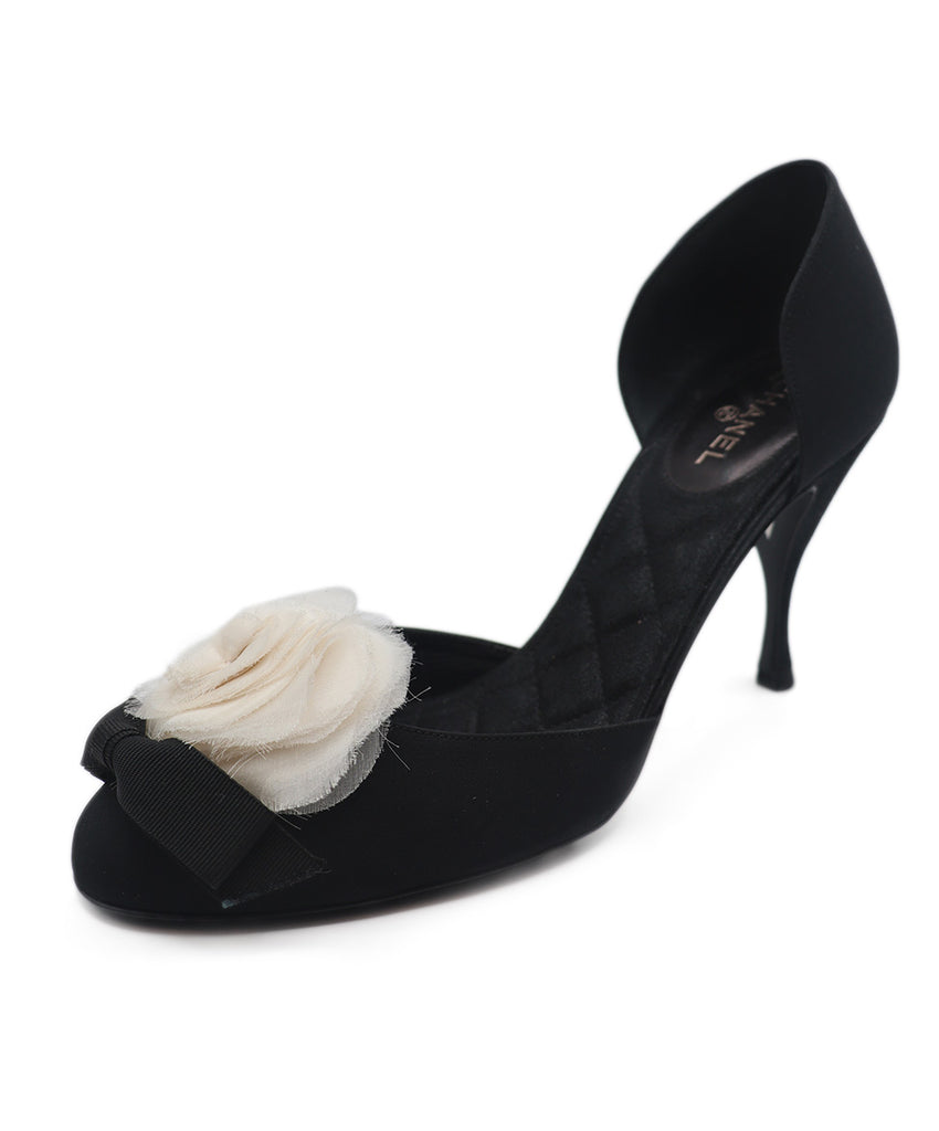 Chanel Black Silk White Camellia Heels 