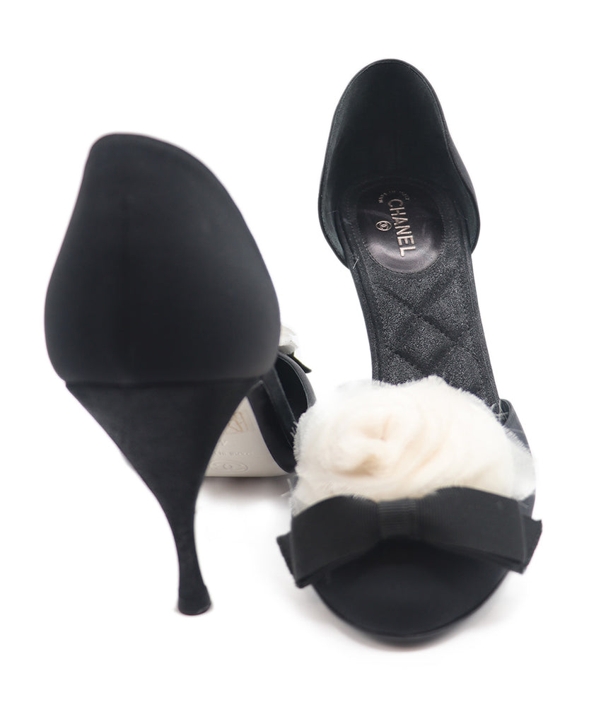 Chanel Black Silk White Camellia Heels 2
