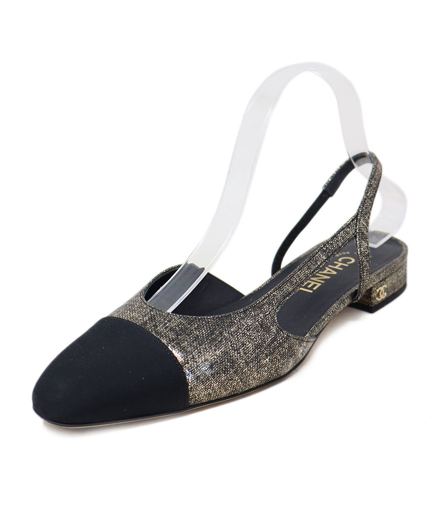 Chanel Gold Suede & Black Grosgrain Slingbacks 