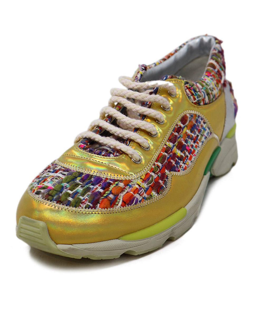 Chanel Multicolor Tweed & Gold Leather Sneakers 