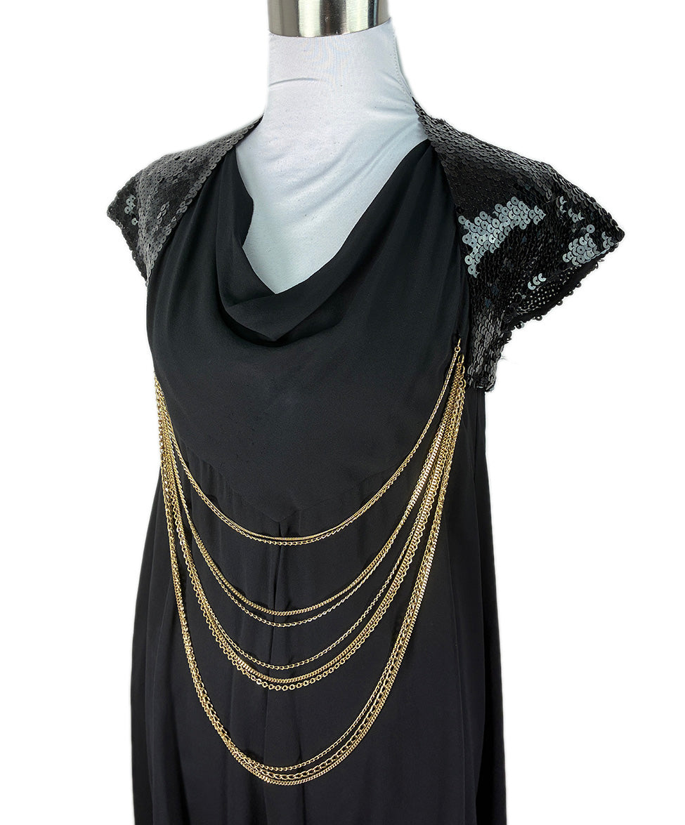 CHANEL Black Dress w/ Gold Chain Hardware and Black Sequin Shoulders Sz38 l Michael's Luxury Consignment Michael's Consignment NYC CHANEL Black Dress w/ Gold Chain Hardware and Black Sequin Shoulders Sz38 l Michael's Luxury Consignment Michael's Consignment NYC