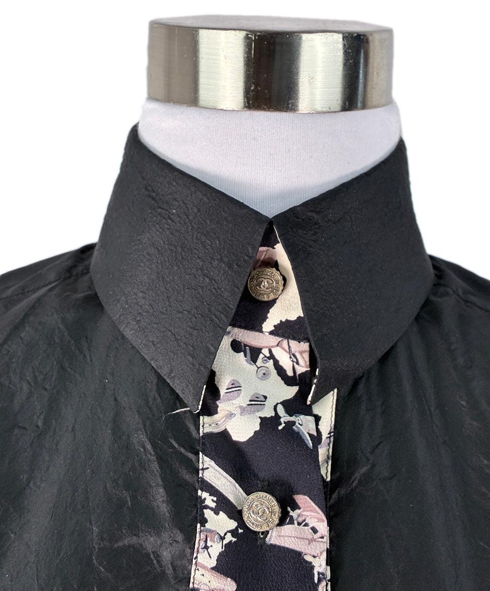 CHANEL Black Silk Top w/ Airplane Print details Sz38 l Michael's