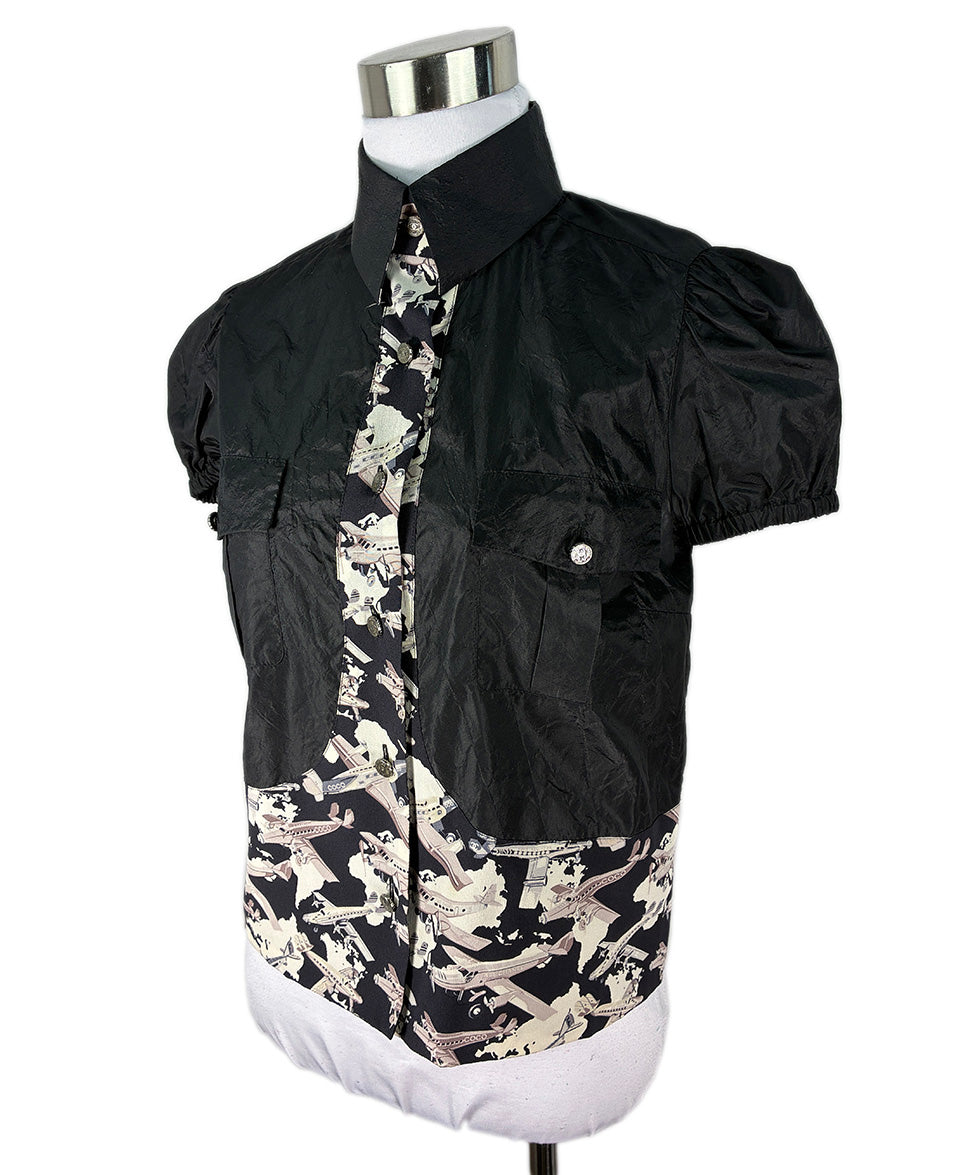 CHANEL Black Silk Top w/ Airplane Print details Sz38 l Michael's