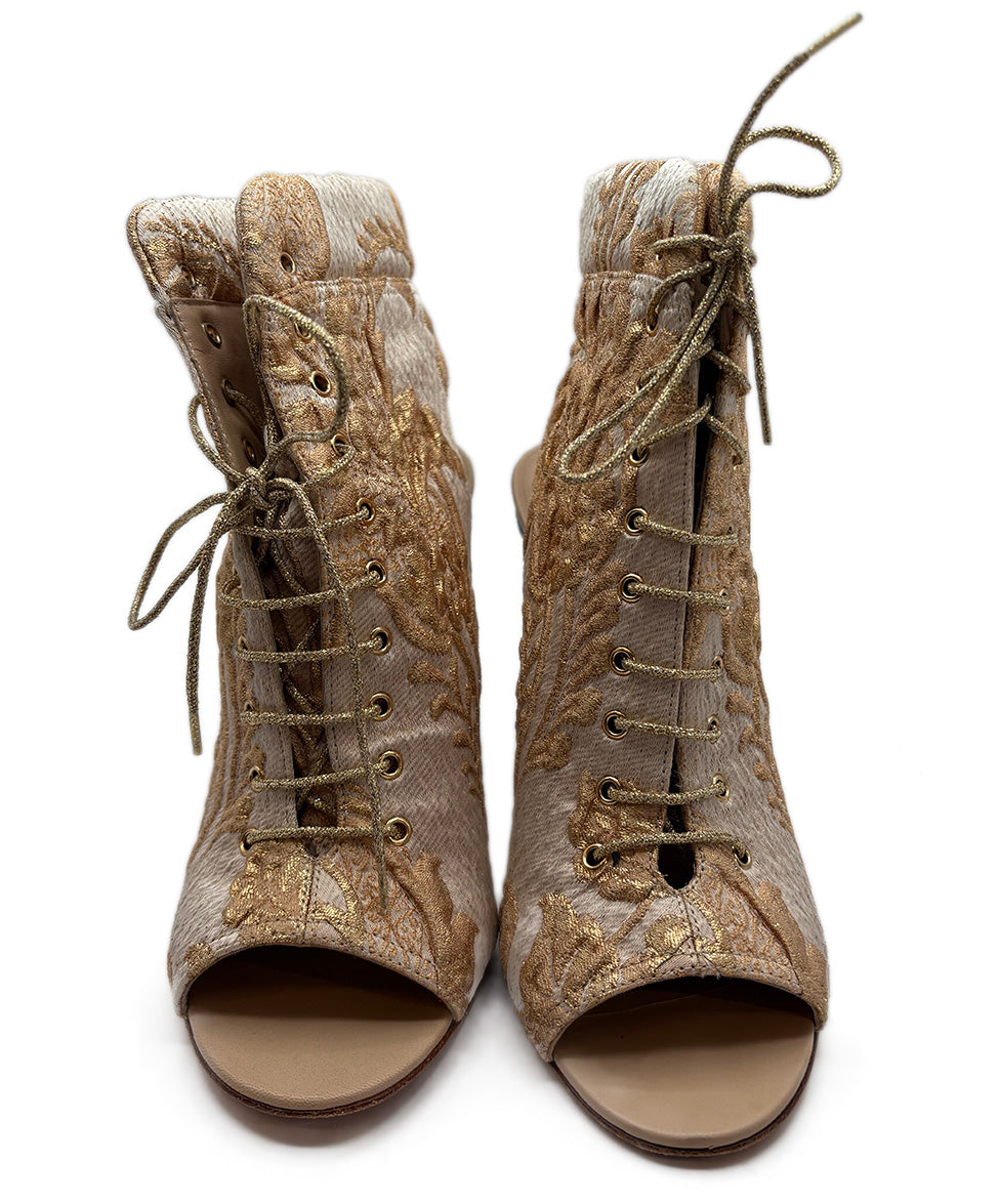 CHANEL Cruise 2013 Metallic Gold Brocade Heels w/ Floral Print