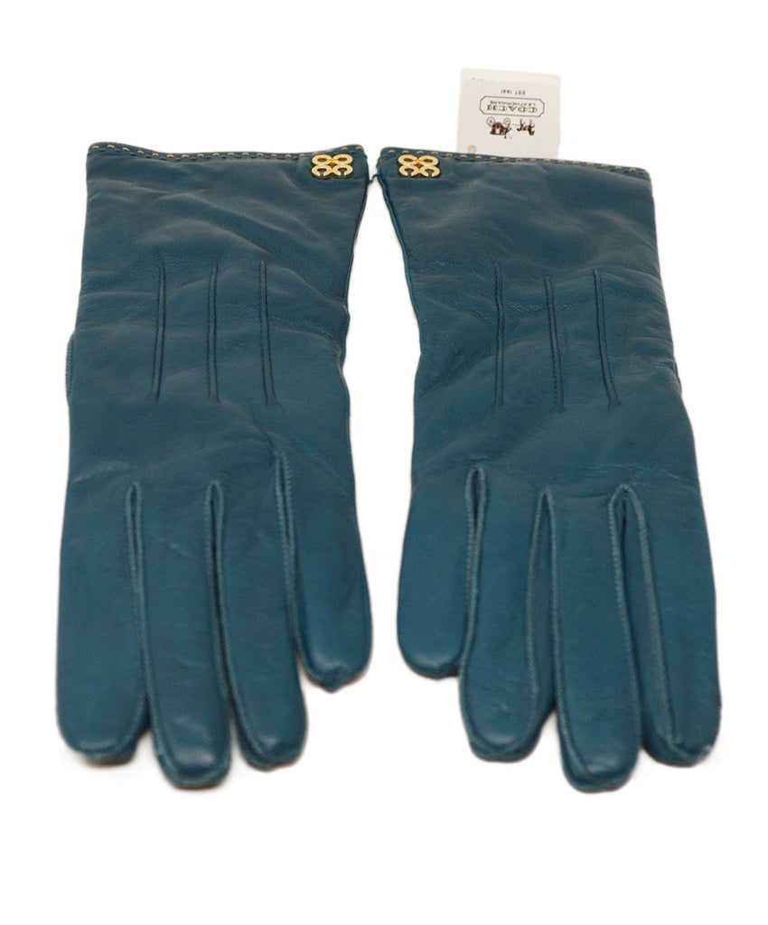 Coach Green Teal Leather Cashmere Lining Gloves 