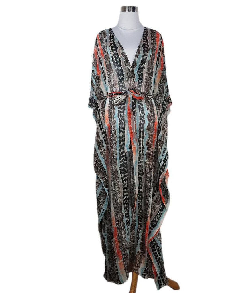 Long DVF Size 4 Black Orange Turquoise Print Silk Dress - Michael's Consignment NYC