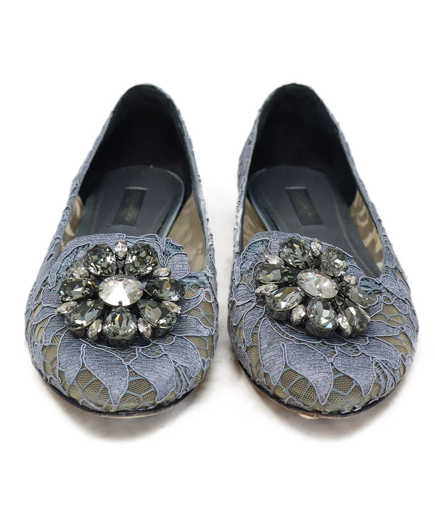 Dolce & Gabbana Grey Lace Rhinestone Buckle Flats sz 6 - Michael's Consignment NYC