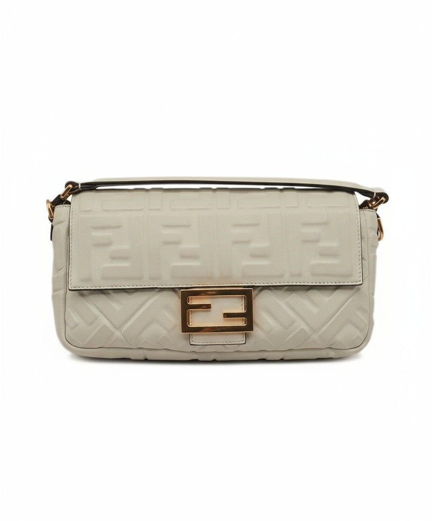 Fendi White Embossed Leather With Gold Hardware Baguette Handbag 