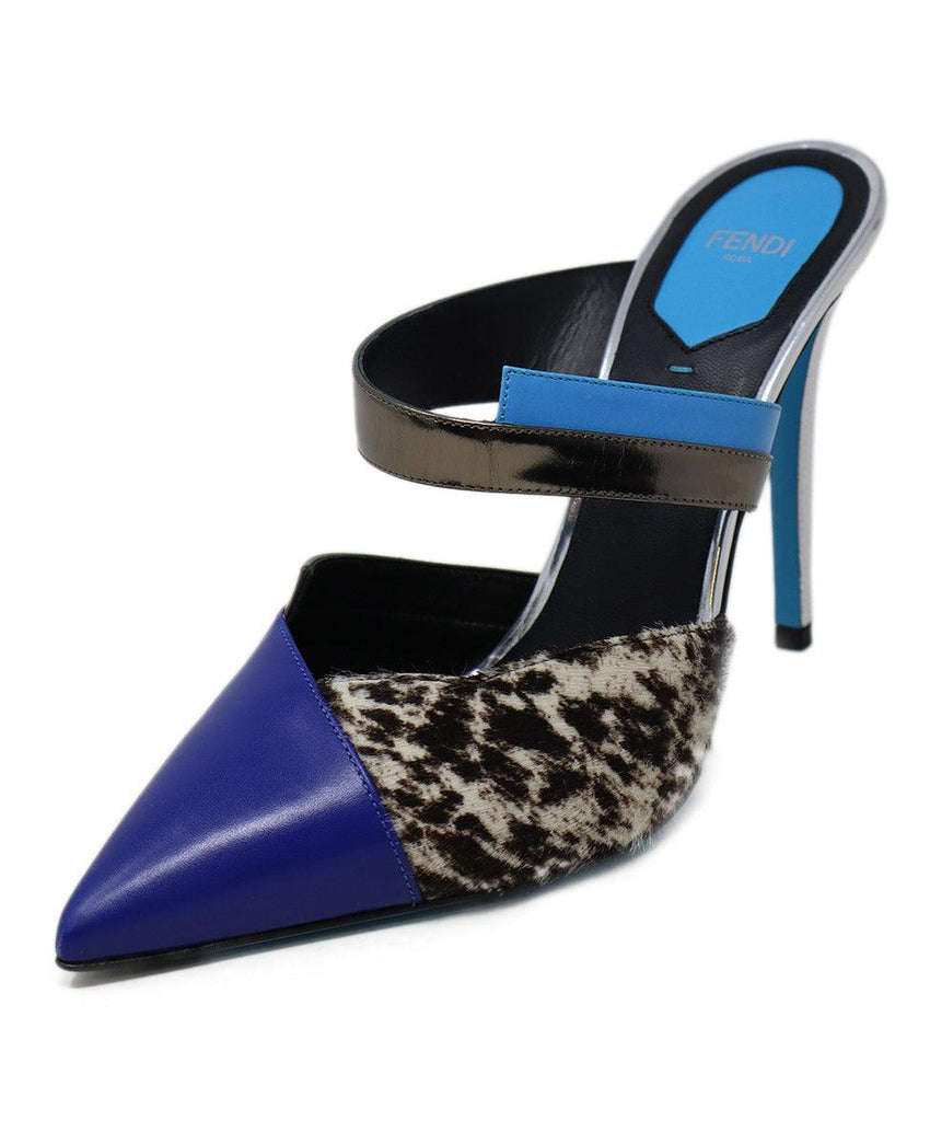 Fendi Blue & Silver Leather Pony Fur Heels 