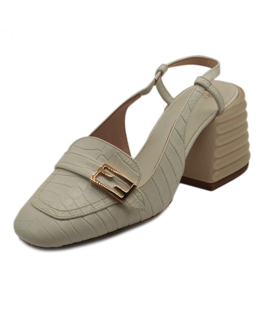 Fendi White Pressed Leather With Gold Buckle Heels 