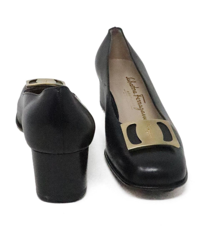 Ferragamo Black Leather Heels w/ Gold Buckle sz 6 - Michael's Consignment NYC