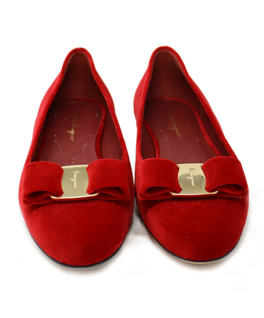 Ferragamo Red Velvet Bow Flats sz 6.5 - Michael's Consignment NYC