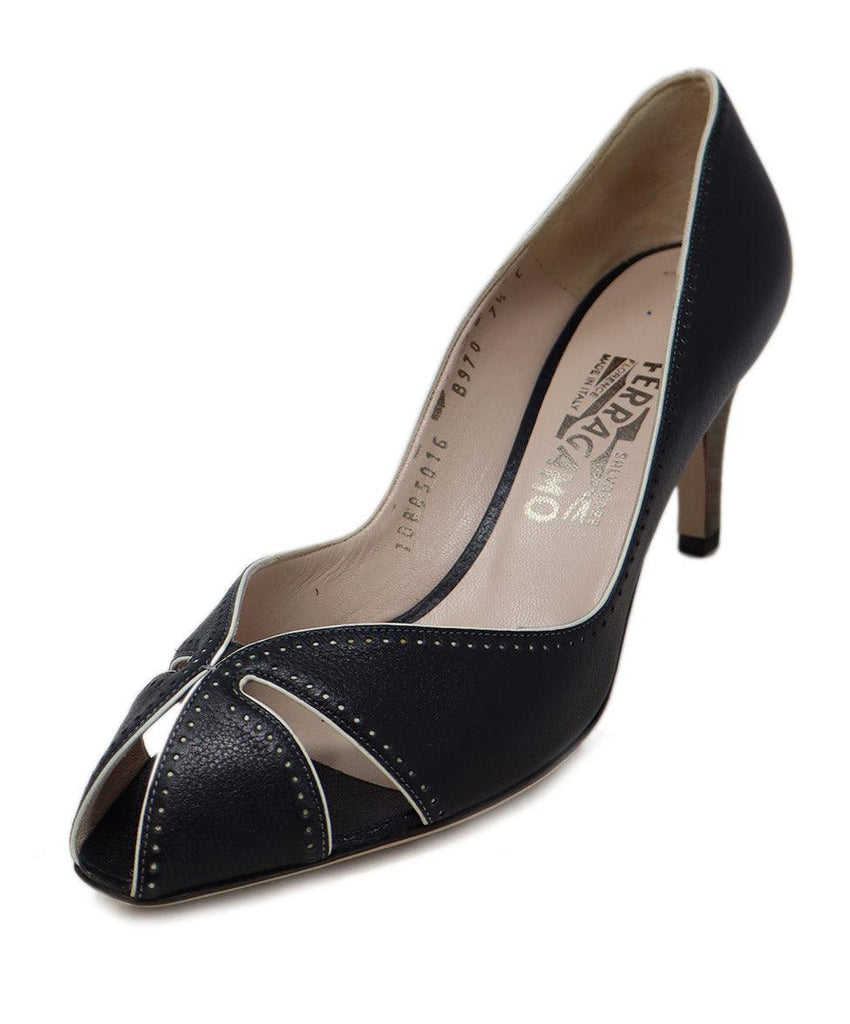Ferragamo Black Leather White Trim Peep Toe Heels 